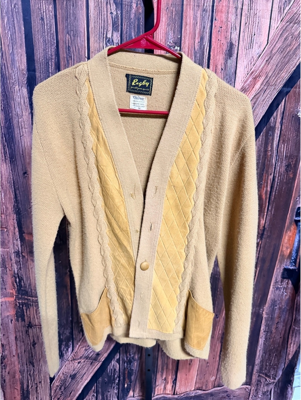 Rugby Vintage Men's Cardigan Sweater Medium Orlon Acrylic and Genuine Suede